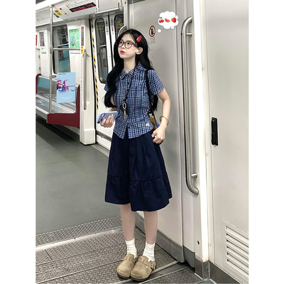 高知ins学院风格纹POLO领短袖收腰衬衫女夏季高腰半身中裙两件套