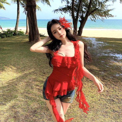 甜辣妹红色花朵吊带背心女夏季荷叶边修身无袖外穿设计感绝美上衣