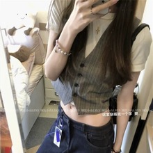 韩系复古学院风高级感V领马甲背心开衫叠穿短袖T恤上衣女两件套装