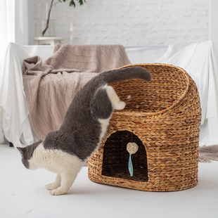 通用水葫芦编织双层猫房子猫屋夏季 猫窝四季 凉窝半封闭可拆洗帐篷