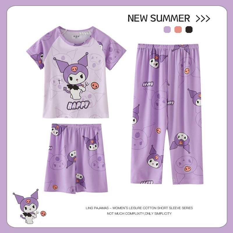 夏季儿童睡衣女童短袖长裤三件套装小女孩宝宝男童男孩子家居服棉