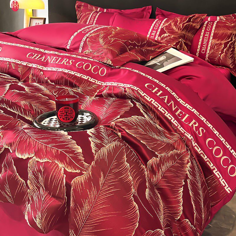 高档结婚四件套大红色婚房喜被床单新婚备婚被套纯棉婚庆床上用品