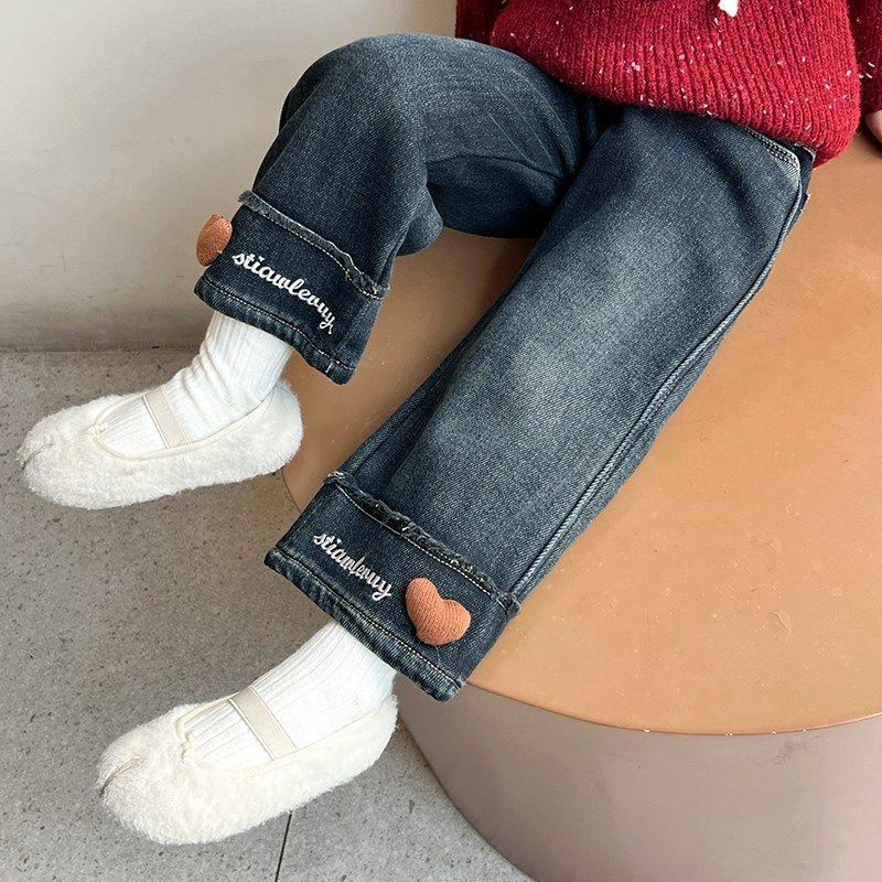 女童秋冬季裤子2024新款宝女宝加绒牛仔裤儿童百搭冬款休闲阔腿裤