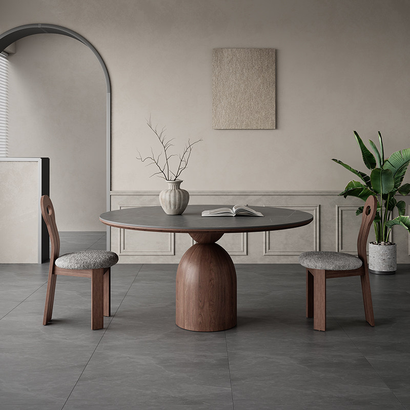 法式复古实木餐桌胡桃木色圆桌家用小户型饭桌侘寂风圆形岩板餐桌