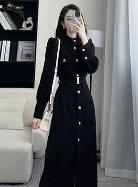 法式复古收腰显瘦长裙女2024冬新款时尚气质优雅单排扣连衣裙7994