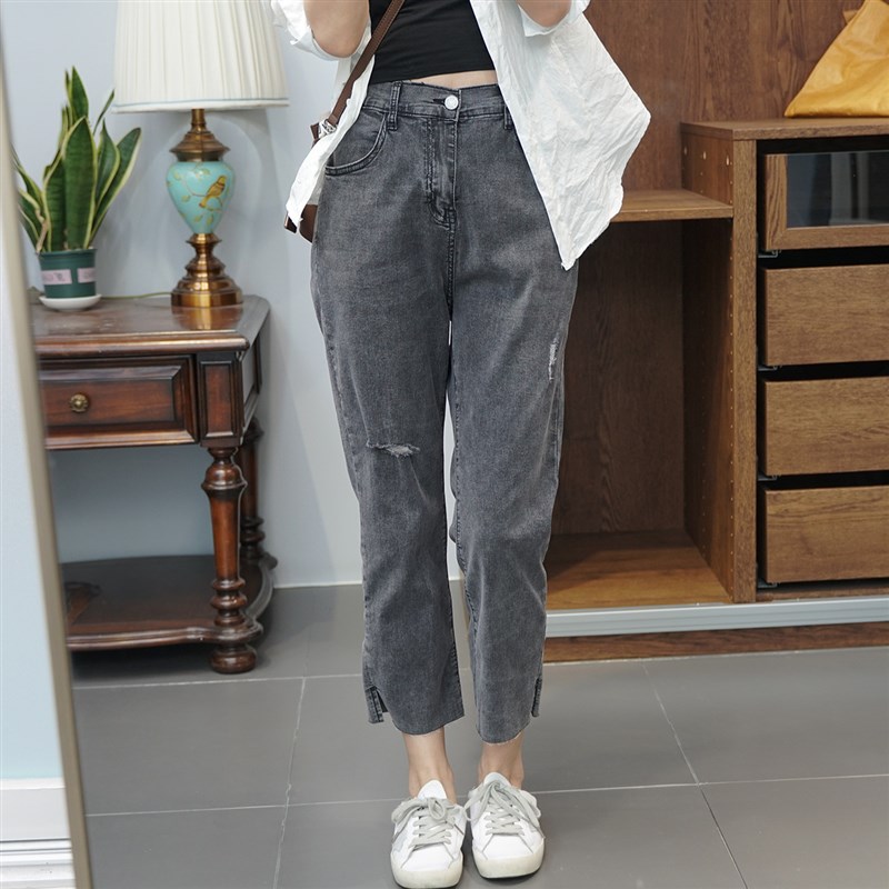 超薄软 胖mm梨形身材高腰开叉牛仔烟管裤破洞显瘦八九分女大码夏