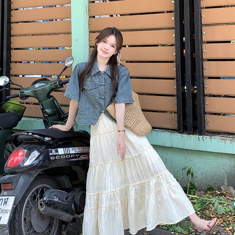 MM谢谢家大码设计感盘扣新中式复古牛仔外套上衣+半身裙两件套女