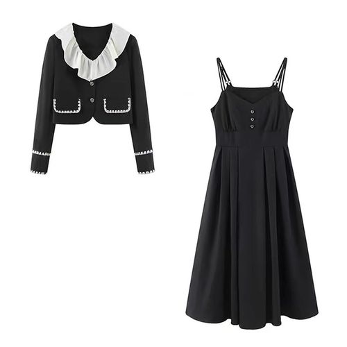 D324新款时尚学院风撞色大翻领吊带连衣裙套装女名媛风