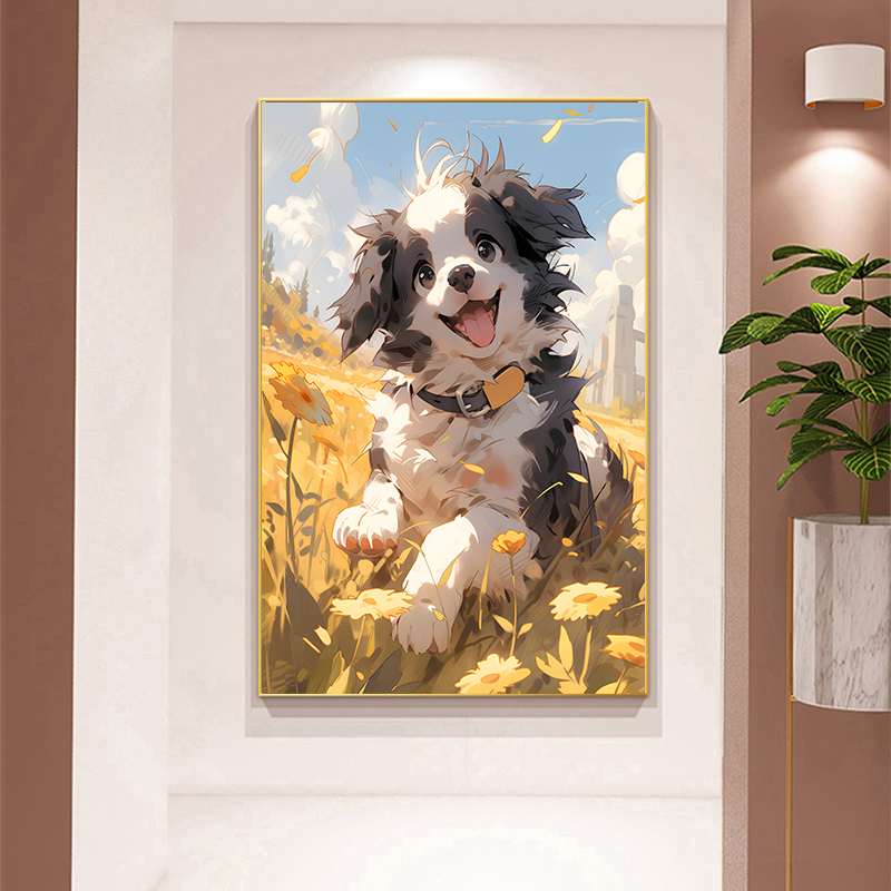北欧饭厅电表箱装饰画原木风小狗摆画可爱动物玄关儿童房卧室挂画图片