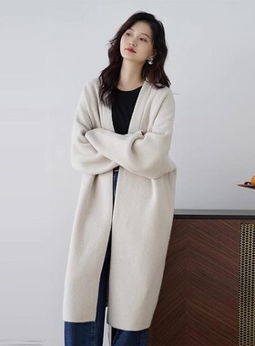 灰色加厚长款毛衣开衫外套女宽松针织上衣V领羊毛中长款针织开衫