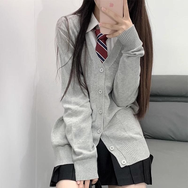 日系jk制服套装秋冬学院风校供深灰针织开衫毛衣感上衣外穿外套女