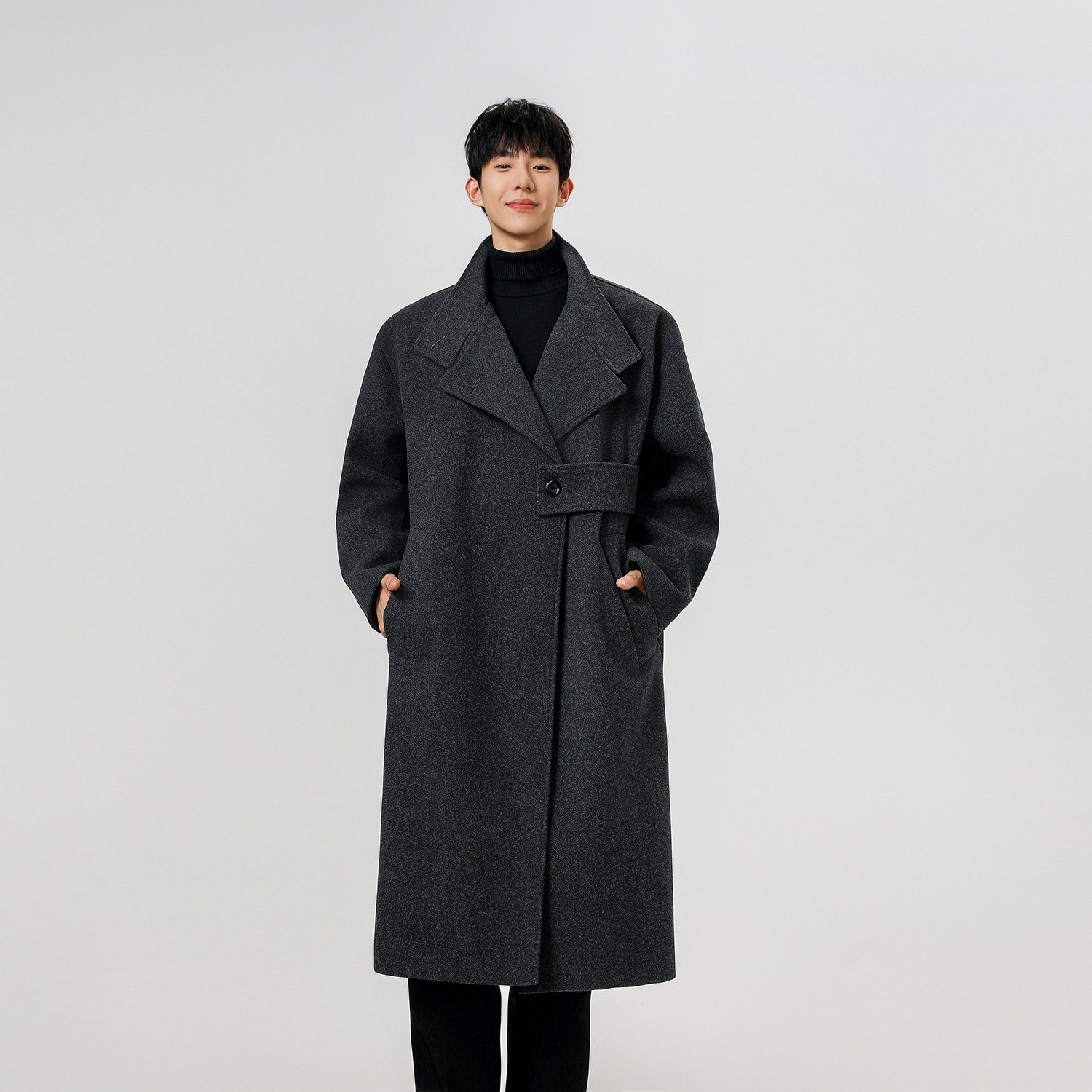 翻领长款毛呢大衣男过膝高级披风