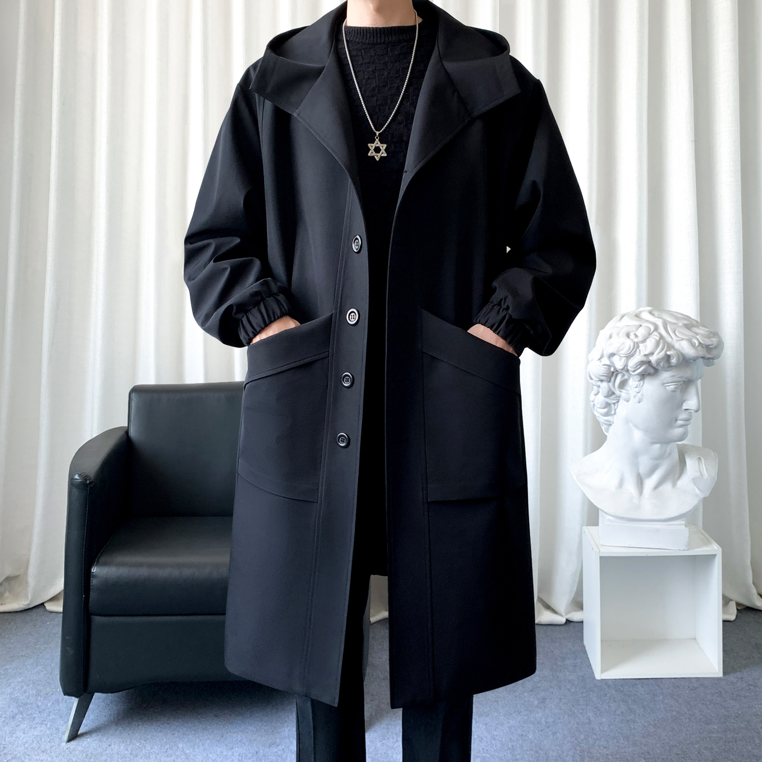 中长款连帽风衣过膝外套中款披风