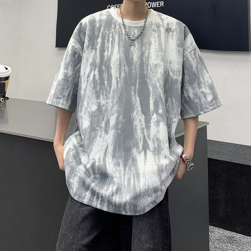 泼墨轧染短袖t恤男士宽松大码潮T