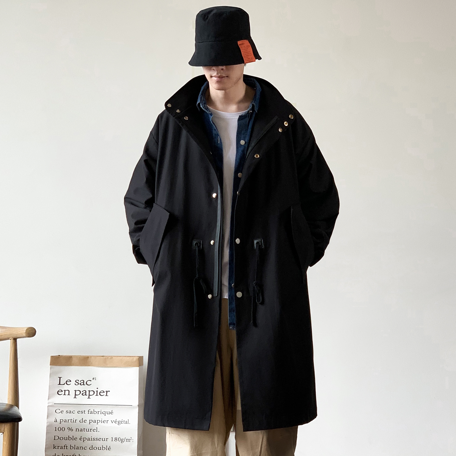 中长款翻领风衣男单排扣大码外套