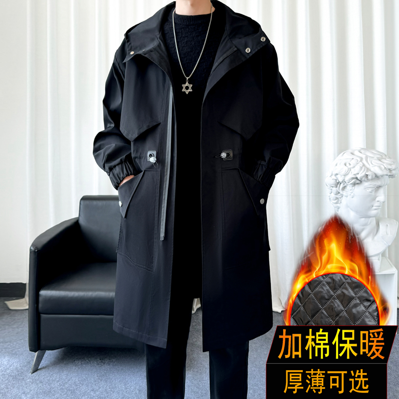 中长款加棉连帽风衣男士过膝大衣