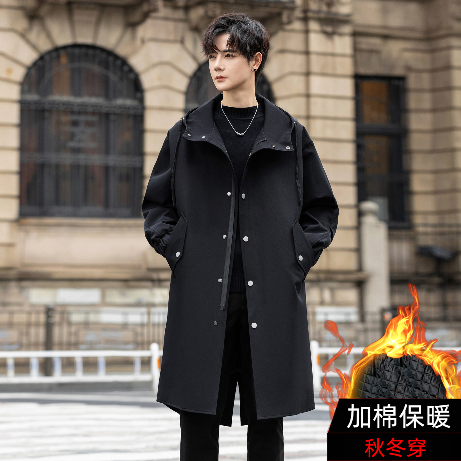 中长款加棉风衣连帽外套保暖披风