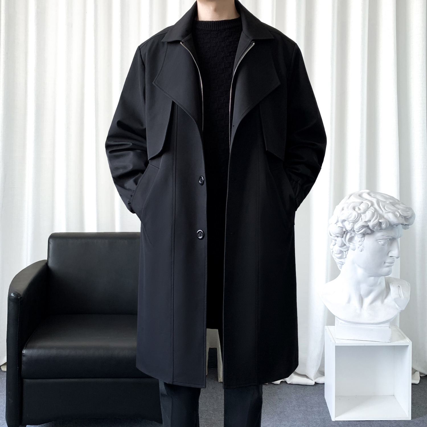 假两件中长款风衣男翻领过膝大衣