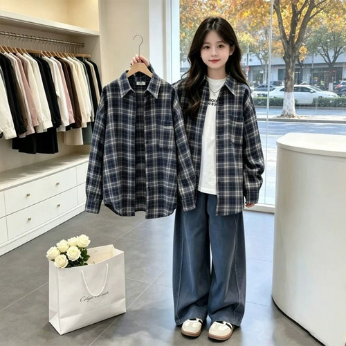 初中生格子衬衫2026早秋新款女童