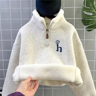 儿童羊驼绒加绒卫衣冬季加厚拉链刺绣男女童上衣中大童女孩半高领