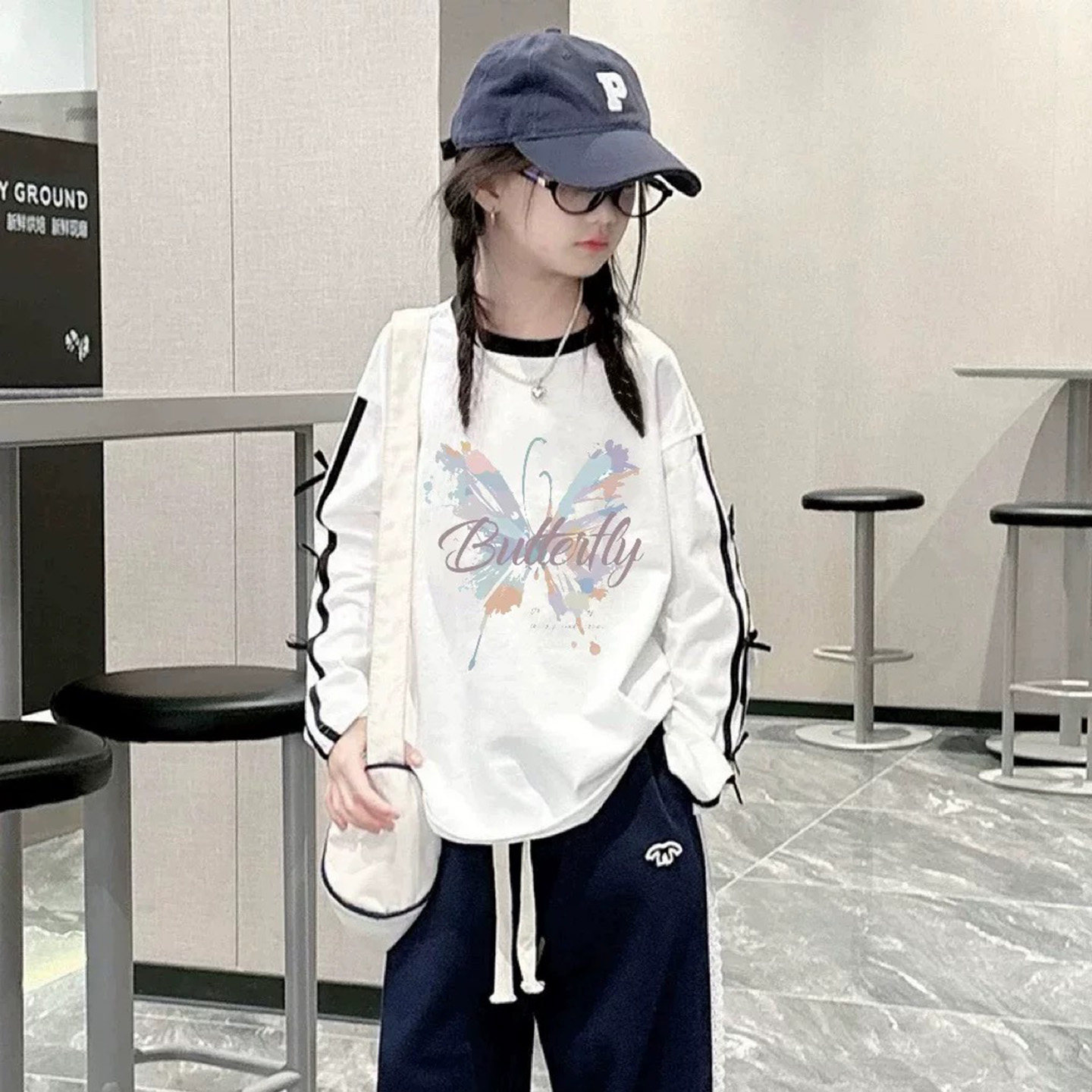 女童装蝴蝶结卡通印花上衣白色薄款打底衫儿童早秋季内搭长袖T恤