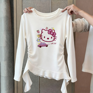 女大童纯棉kt猫圆领长袖T恤秋季儿童洋气时髦荷叶边不规则上衣潮