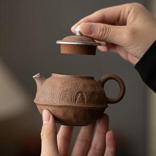 直销新款空寂斋老岩泥敦煌壶手工鎏银茶壶日式功夫茶具泡茶壶粗陶