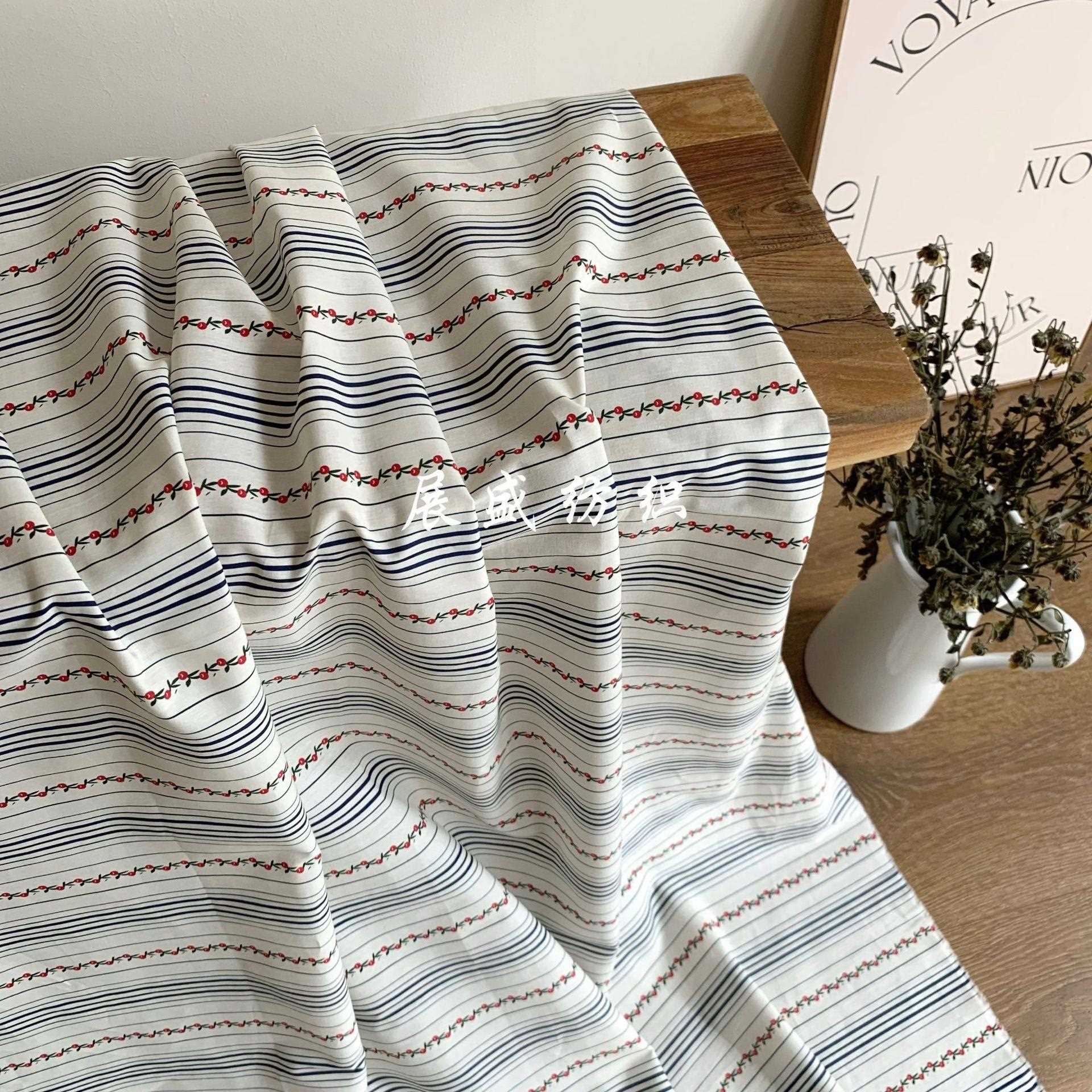 直销新款全棉数码印花布料 韩版ins风条纹碎花布 童装女装连衣裙