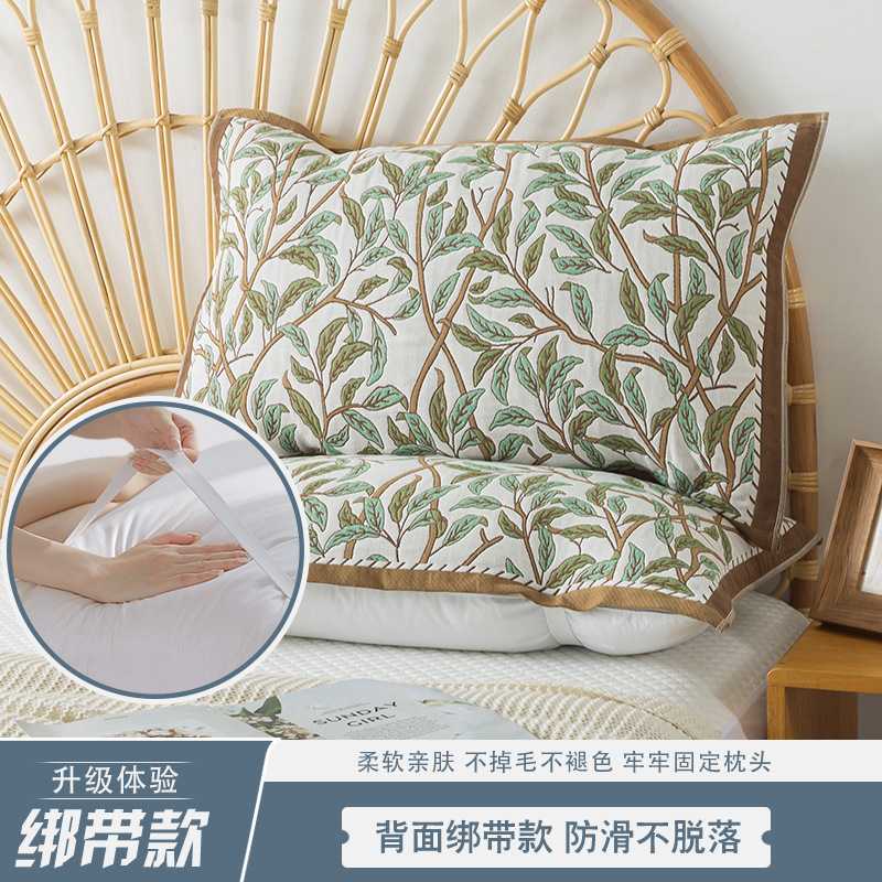 新款直销纯棉纱布绑带枕巾一条装防脱落枕头盖巾高档欧式加大加厚