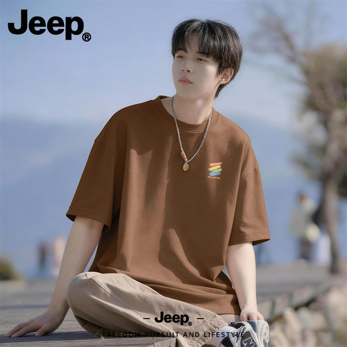 Jeep纯棉短袖t恤男2026新款夏季衣服宽松体恤休闲青少年内搭男装