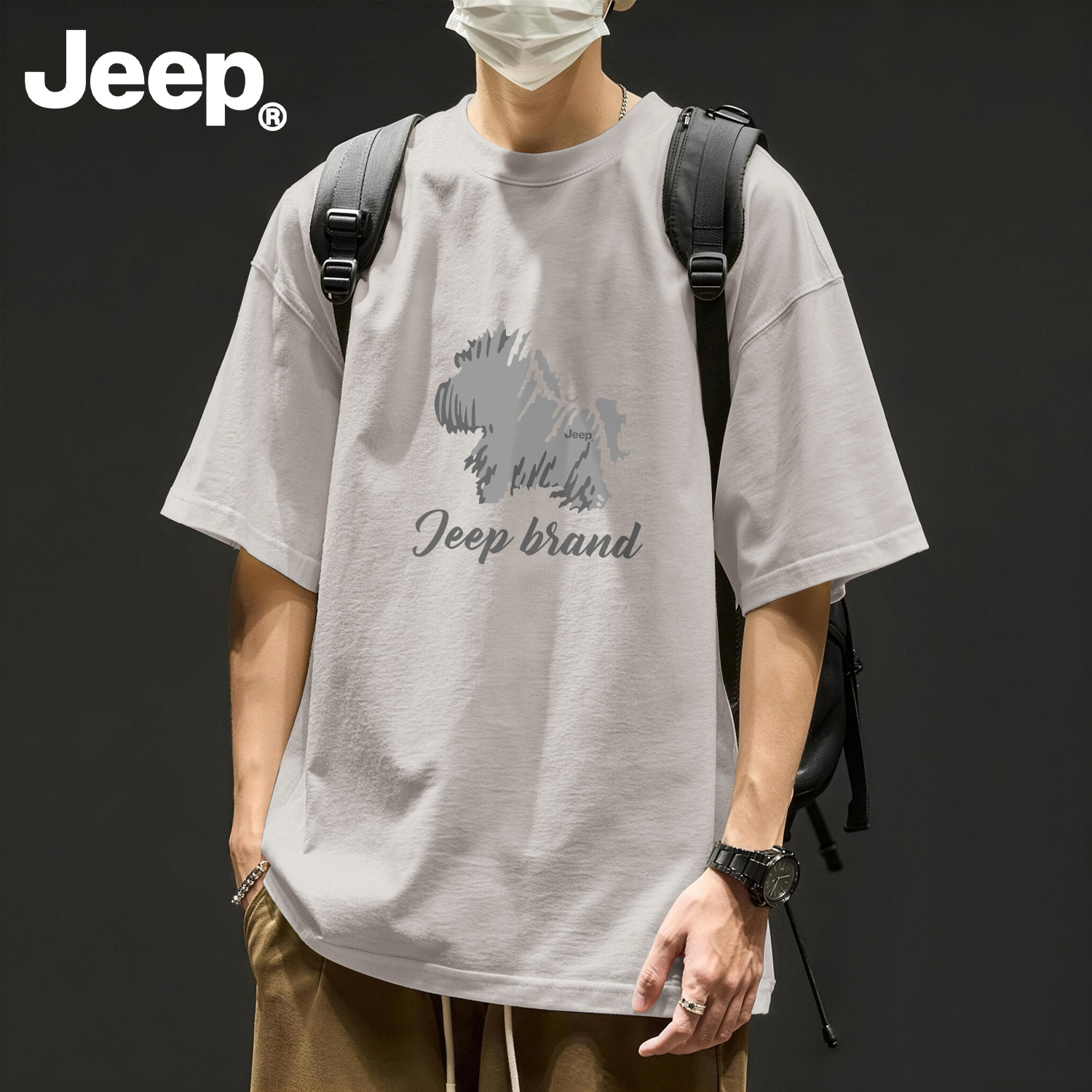 Jeep纯棉透气短袖t恤男士夏季新款男装青少年美式潮流五分袖上衣