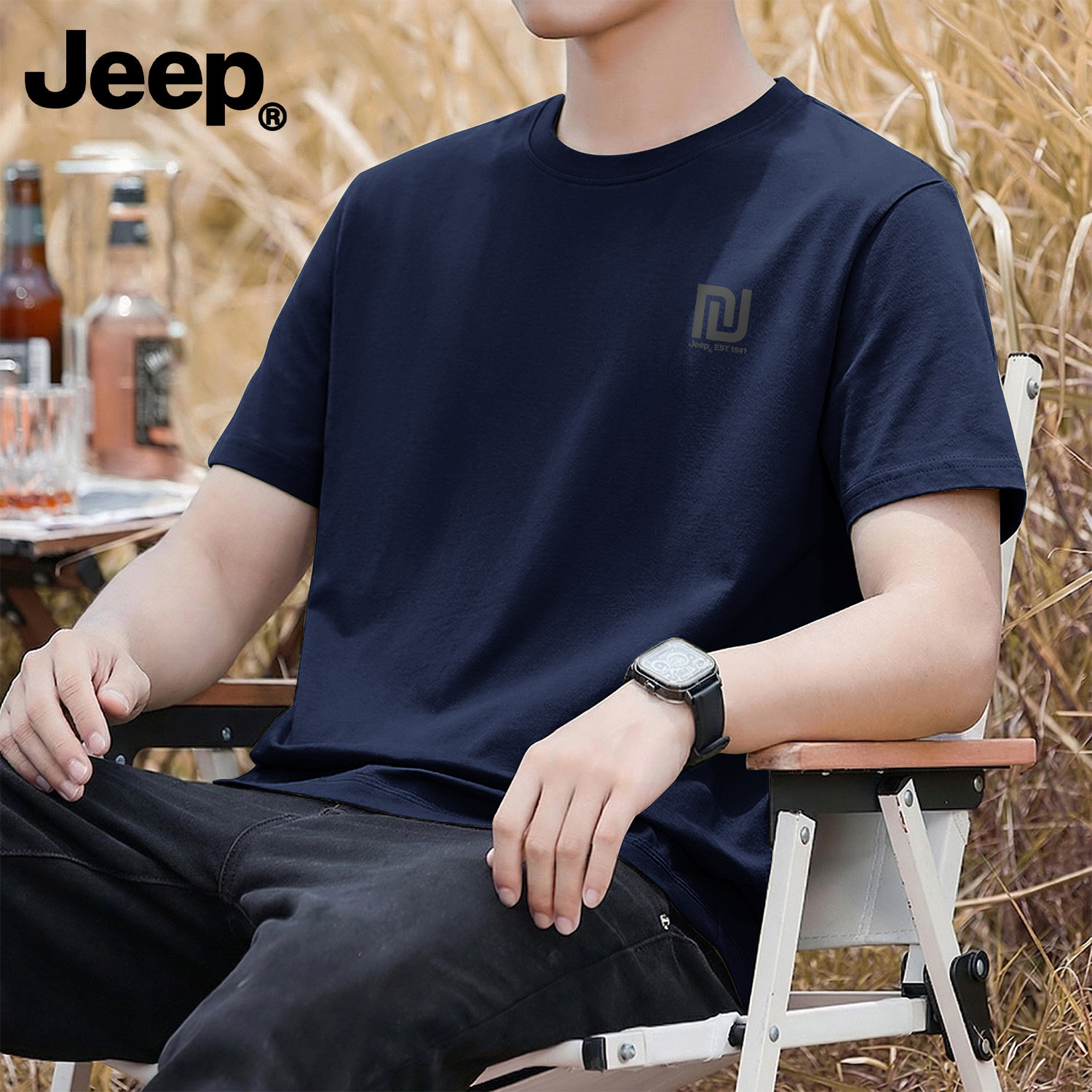 Jeep纯棉透气短袖t恤男士夏季新款五分袖青少年舒适休闲美式上衣