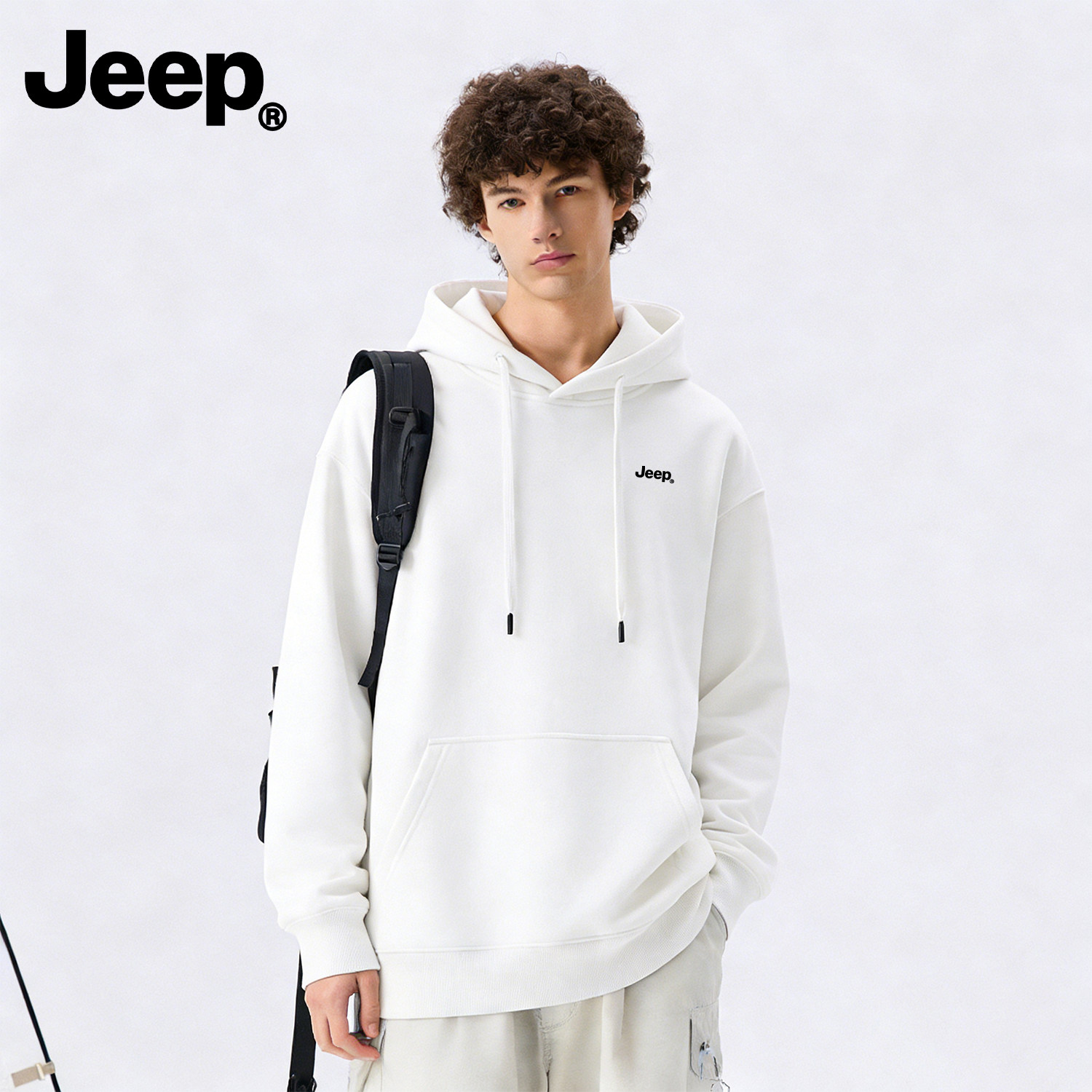 Jeep吉普白色连帽卫衣男生加绒加厚保暖内搭帽衫宽松重磅美式高端
