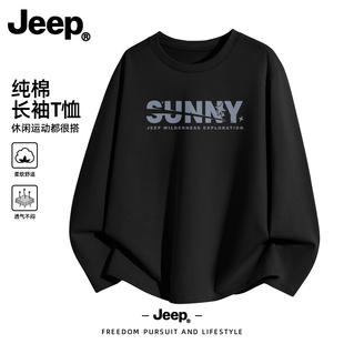 JEEP吉普春季男士打底衫纯棉长袖男t恤白色宽松休闲长袖男款上衣