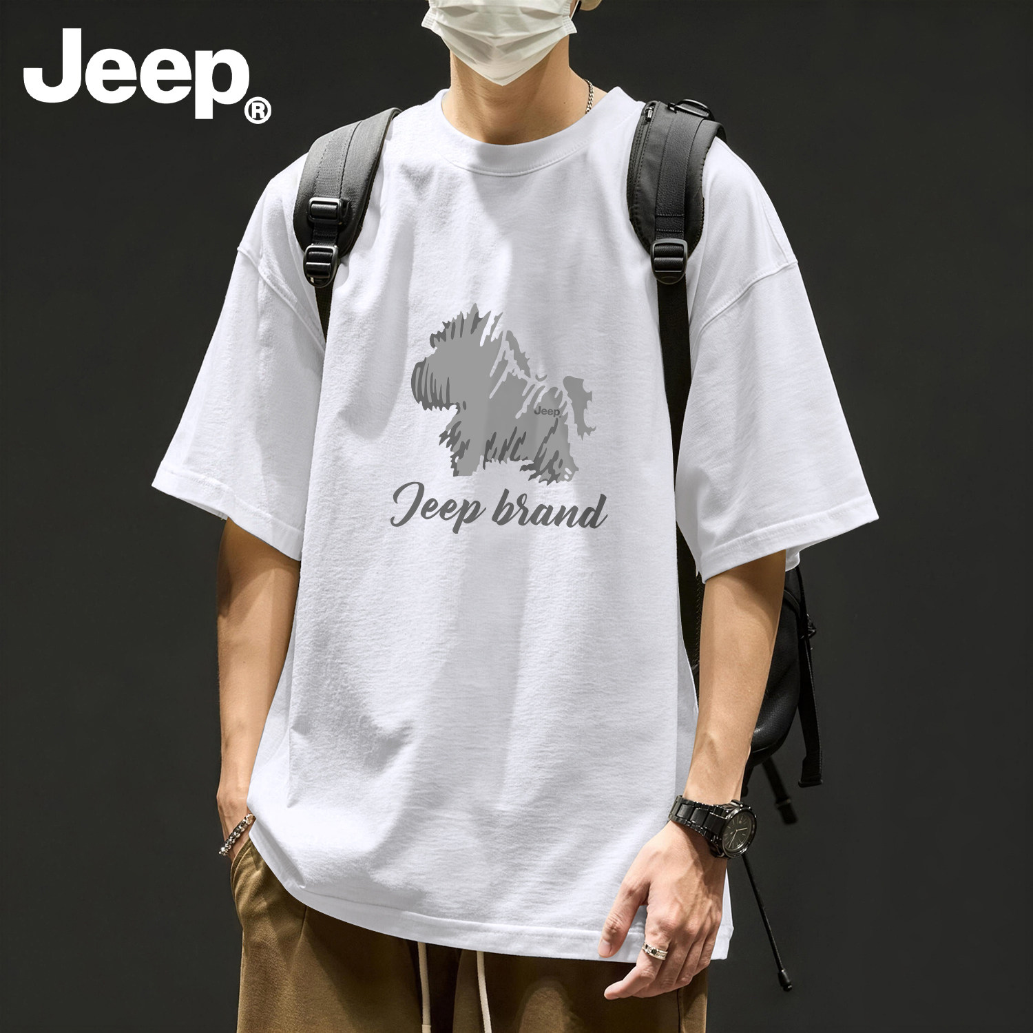 Jeep纯棉透气短袖t恤男士夏季新款男装五分袖青少年美式潮流上衣