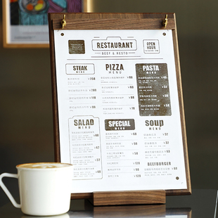 菜单夹立式胡桃木黄铜写字垫板A4A5板夹活页O夹咖啡馆奶茶店展示