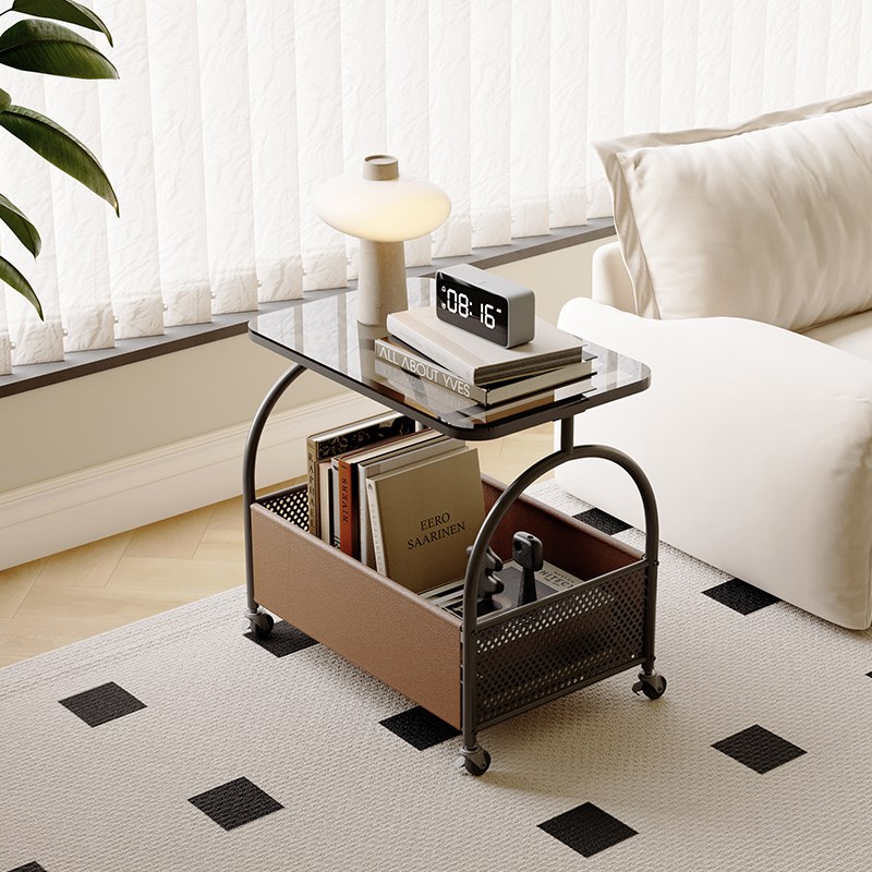 带轮可移动客厅沙发边几简约侘寂风小户型不占地小茶几玻璃小推车