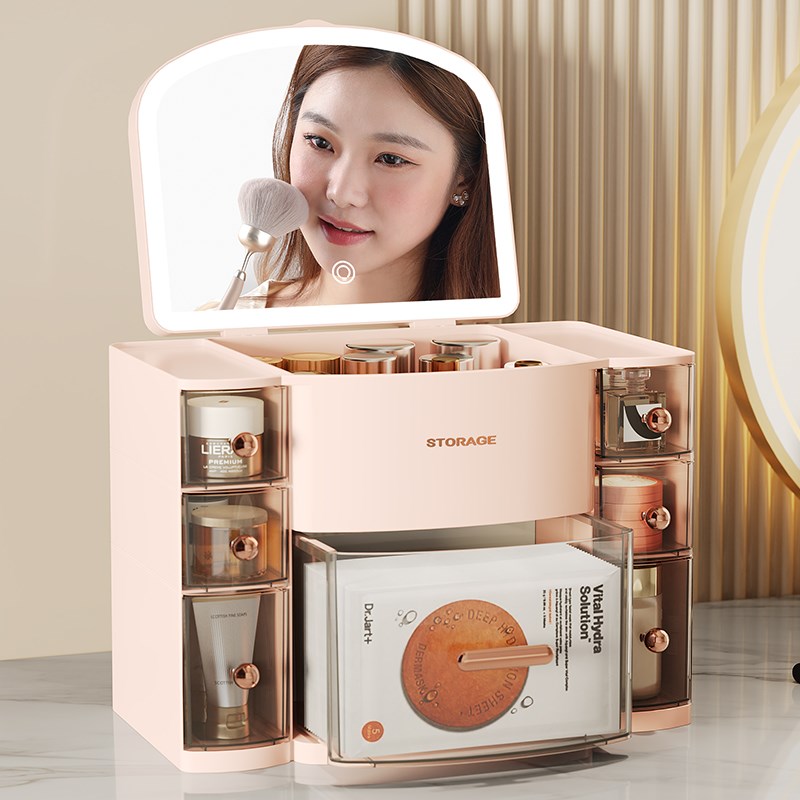带镜子化妆品收纳盒三色带灯放护肤品化妆箱桌面抽屉式防尘置物架