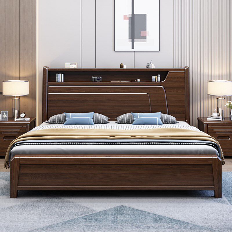 实木床主卧2米床头储物双人床现代简约胡桃木1.8米加厚气压抽屉床