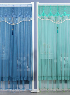 门帘免打孔家用新款蓝色卧室蕾丝夏季防蚊虫装饰伸缩杆隔断帘纱帘