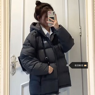 大码黑色短款羽绒棉服女冬季韩系宽松连帽面包服学生加厚保暖棉衣