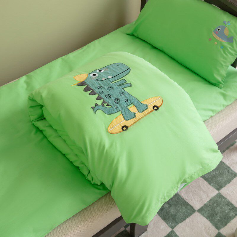 幼儿园被子三件套纯全棉儿童宝宝纯蓝绿色绣花入园含芯六件套床品