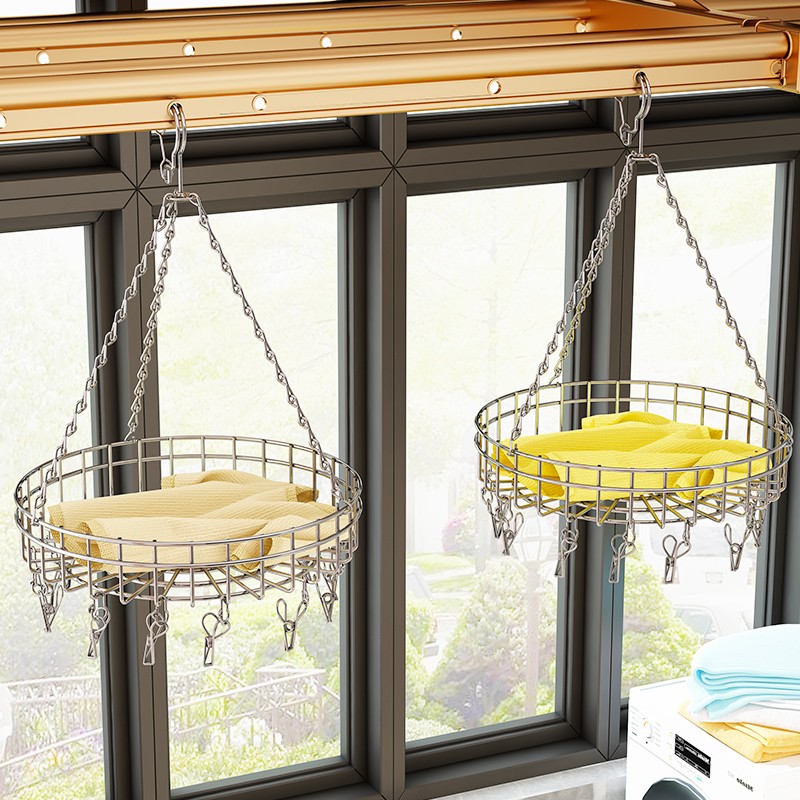 不锈钢晾衣架袜架晒内衣裤阳台多功能方形晒衣篮子防风多夹子家用