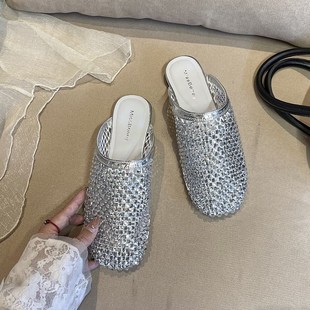 平底一脚蹬凉拖鞋 外穿2025新款 女夏季 水钻网面包头镂空透气半拖鞋