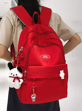 红色书包大学生2024新款双肩包女大容量女生大红色电脑背包肩包红