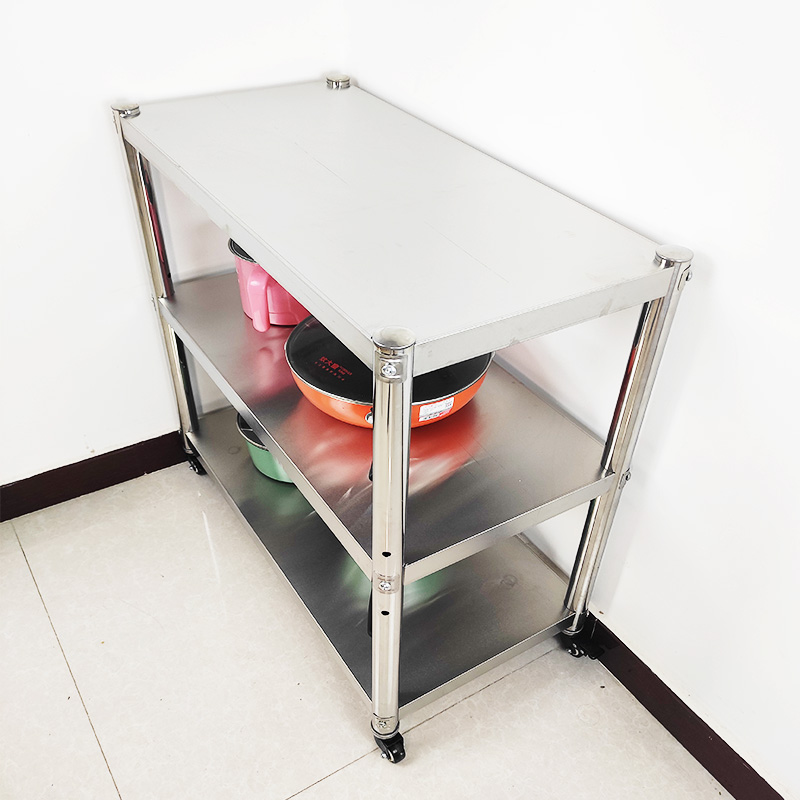 不锈钢厨房置物架三层可调节带万向轮微波炉烤箱家用收纳整理货架