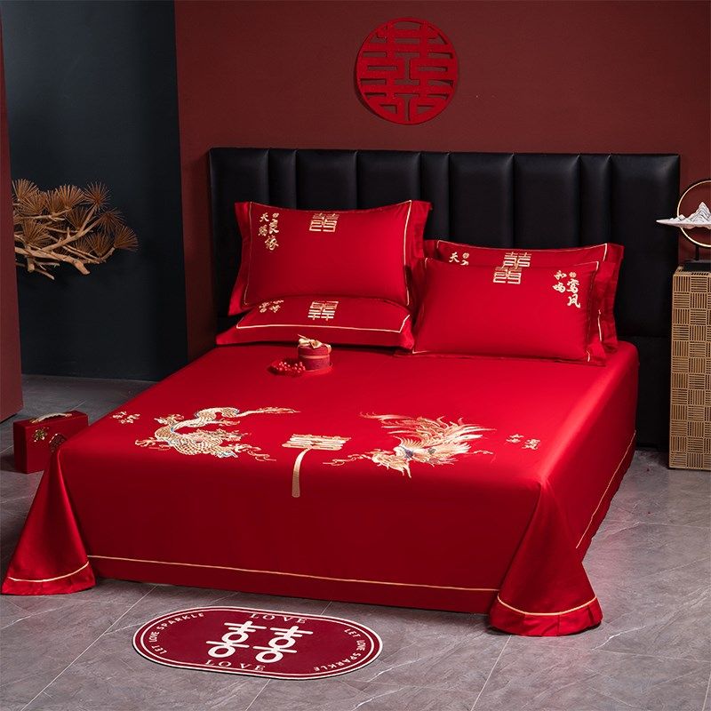 结婚红色全棉床单单件男方婚床龙凤刺绣被单枕套长绒棉喜庆单