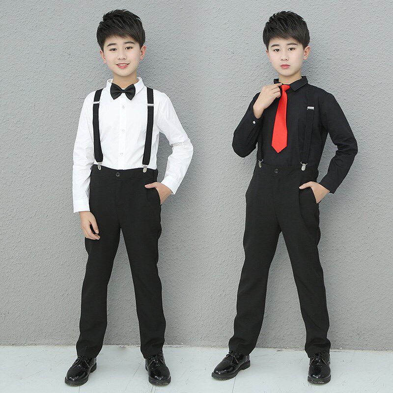 儿童黑衬衫男童长袖打底春秋西裤套装帅气白色衬衣时尚校服潮