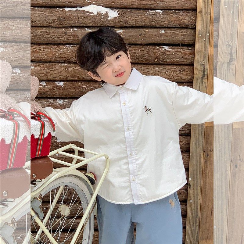 虾酱麻麻男童加绒白衬衫秋冬款2024新款宝宝卡通刺绣儿童长袖衬衣