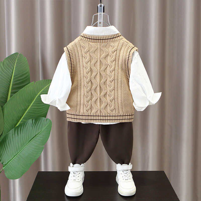 男童秋装套装2024春秋新款帅气儿童学院风三件套男孩韩版马甲衬衫